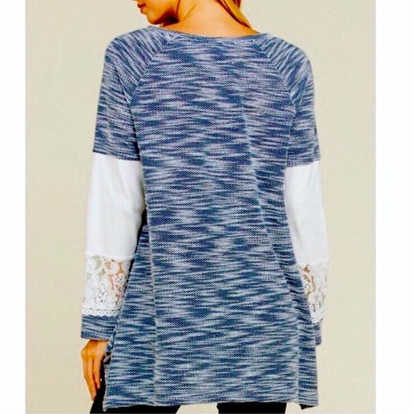 Navy Blue Marled Knit Lace Accent Tunic Sweater S-3XL - Picture 6 of 8